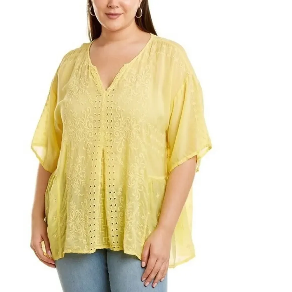 Johnny Was Ramos Evalyn Embroidered Blouse Top XXL Boho Chic Yellow Eyelets